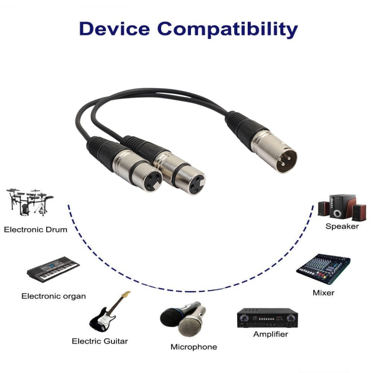 30 ซม.3 Pin XLR CANNON 1 ชาย 2 หญิงอะแดปเตอร์เชื่อมต่อเสียงสำหรับไมโครโฟน/อุปกรณ์เสียง, 1 Male to 2 Female Silver