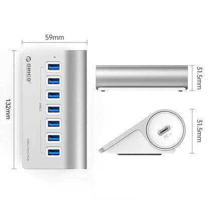 ORICO M3U7-G2 อลูมิเนียมอัลลอยด์ 7 พอร์ต USB 3.2 Gen2 10Gbps HUB พร้อมสายเคเบิล 0.5 ม., M3U7-G2 0.5m