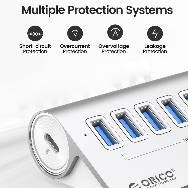 ORICO M3U7-G2 อลูมิเนียมอัลลอยด์ 7 พอร์ต USB 3.2 Gen2 10Gbps HUB พร้อมสายเคเบิล 0.5 ม., M3U7-G2 0.5m