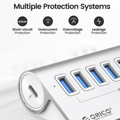 ORICO M3U7-G2 อลูมิเนียมอัลลอยด์ 7 พอร์ต USB 3.2 Gen2 10Gbps HUB พร้อมสายเคเบิล 0.5 ม., M3U7-G2 0.5m