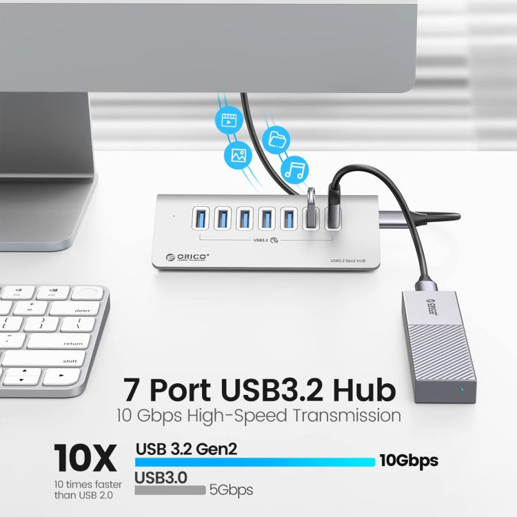 ORICO M3U7-G2 อลูมิเนียมอัลลอยด์ 7 พอร์ต USB 3.2 Gen2 10Gbps HUB พร้อมสายเคเบิล 1 ม., M3U7-G2 1m