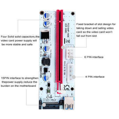 PCE164P-N06 VER008S USB 3.0 PCI-E Express 1x ถึง 16x PCI-E Extender Riser การ์ดอะแดปเตอร์ 15 พิน SATA Power 6 พิน + 4 พินพอร์ตจ่ายไฟพร้อมสาย USB 60 ซม., VER008S Red