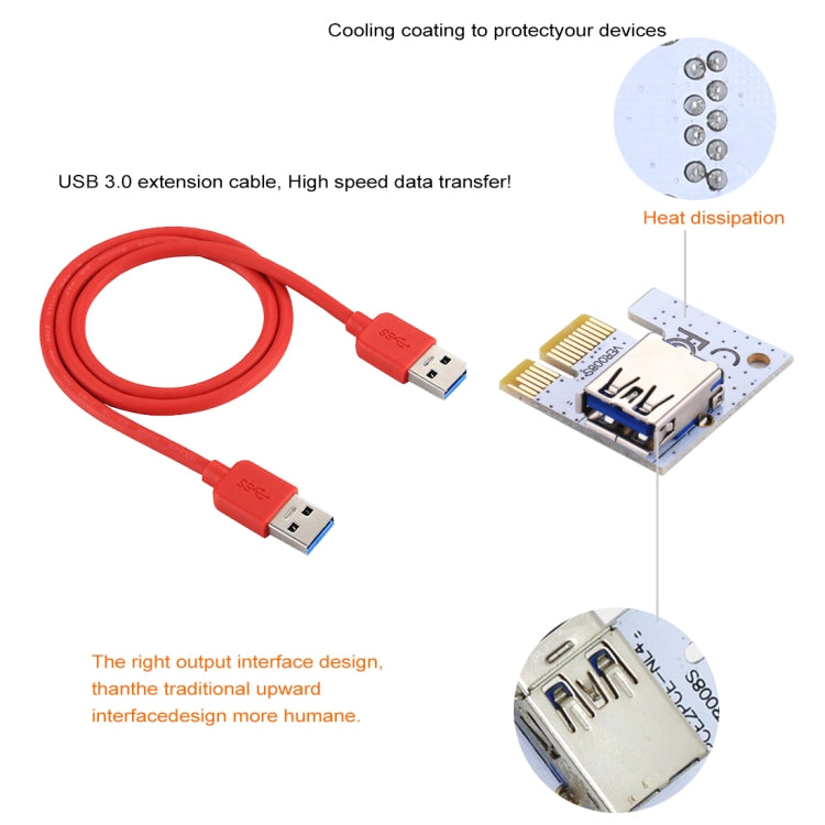PCE164P-N06 VER008S USB 3.0 PCI-E Express 1x ถึง 16x PCI-E Extender Riser การ์ดอะแดปเตอร์ 15 พิน SATA Power 6 พิน + 4 พินพอร์ตจ่ายไฟพร้อมสาย USB 60 ซม., VER008S Red