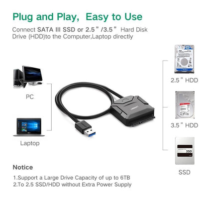 UGREEN ตัวแปลงสายเคเบิลอะแดปเตอร์ USB 3.0 เป็น SATA สำหรับฮาร์ดดิสก์ไดรฟ์ขนาด 2.5 / 3.5 นิ้ว HDD และ SSD รองรับ UASP SATA 3.0, USB 3.0 to SATA