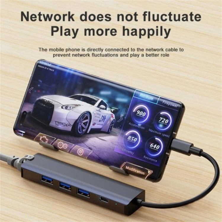 BYL-2302 5 in 1 USB-C / Type-C ไปยัง USB มัลติฟังก์ชั่น Docking Station HUB Adapter พร้อมพอร์ตเครือข่าย 1000M, BYL-2302