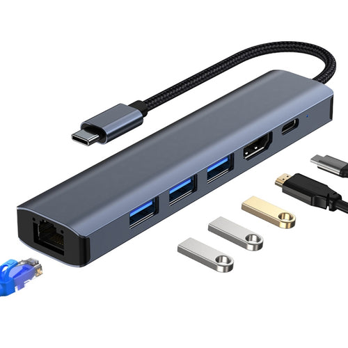 BYL-2210 6 in 1 USB-C / Type-C ไปยัง USB มัลติฟังก์ชั่น Docking Station HUB Adapter พร้อมพอร์ตเครือข่าย 1000M, BYL-2210
