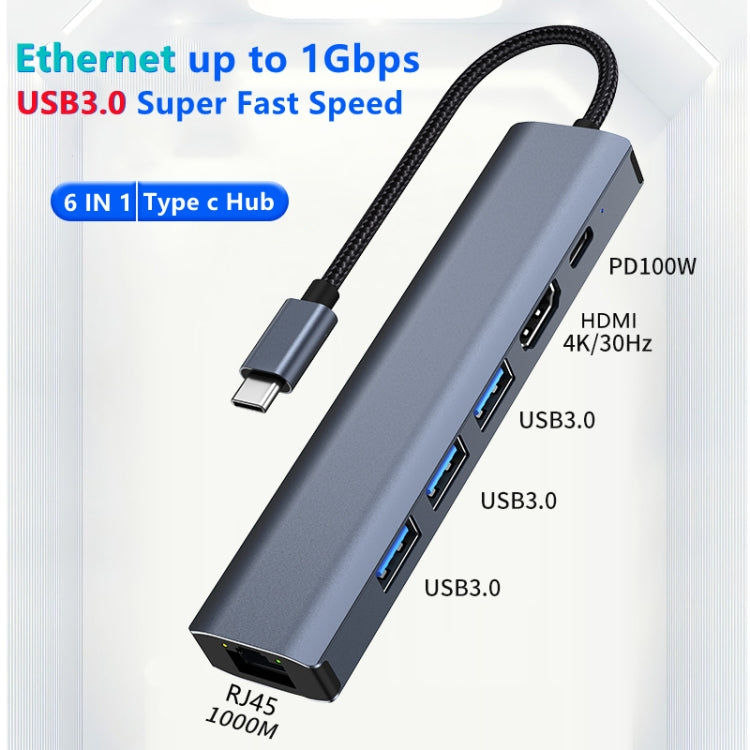 BYL-2210 6 in 1 USB-C / Type-C ไปยัง USB มัลติฟังก์ชั่น Docking Station HUB Adapter พร้อมพอร์ตเครือข่าย 1000M, BYL-2210