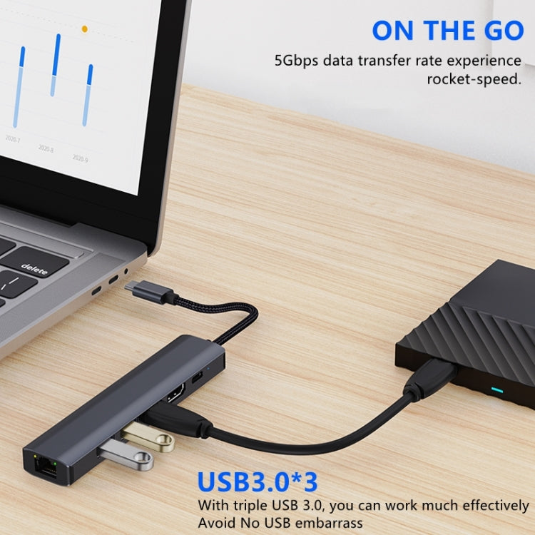 BYL-2210 6 in 1 USB-C / Type-C ไปยัง USB มัลติฟังก์ชั่น Docking Station HUB Adapter พร้อมพอร์ตเครือข่าย 1000M, BYL-2210