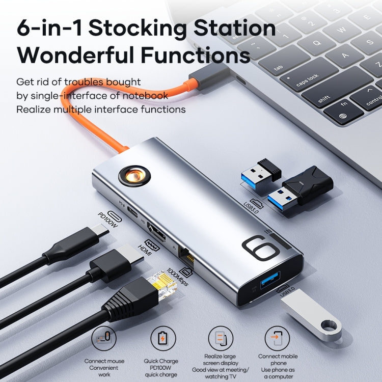 ROCK TR28 HDMI 4K Gigabit Network PD ที่ชาร์จด่วน 6 in 1 USB 3.0 HUB, TR28 6  in 1 HUB