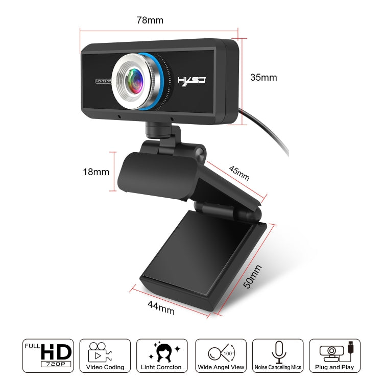 HXSJ S90 30fps 1 ล้านพิกเซล 720P HD เว็บแคมสำหรับเดสก์ท็อป / แล็ปท็อป / Android TV พร้อมไมโครโฟนดูดซับเสียง 8 ม. ความยาวสายเคเบิล: 1.5 ม., S90