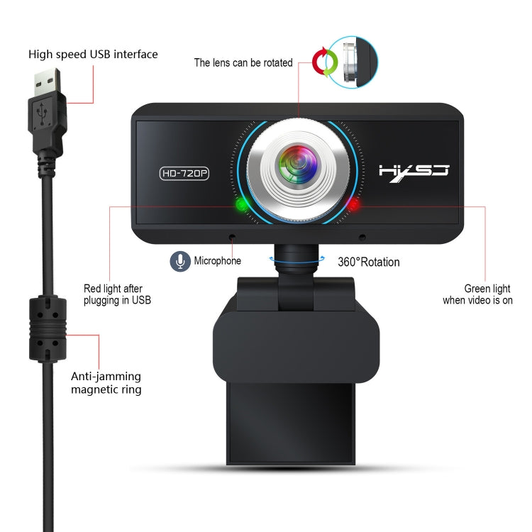 HXSJ S90 30fps 1 ล้านพิกเซล 720P HD เว็บแคมสำหรับเดสก์ท็อป / แล็ปท็อป / Android TV พร้อมไมโครโฟนดูดซับเสียง 8 ม. ความยาวสายเคเบิล: 1.5 ม., S90