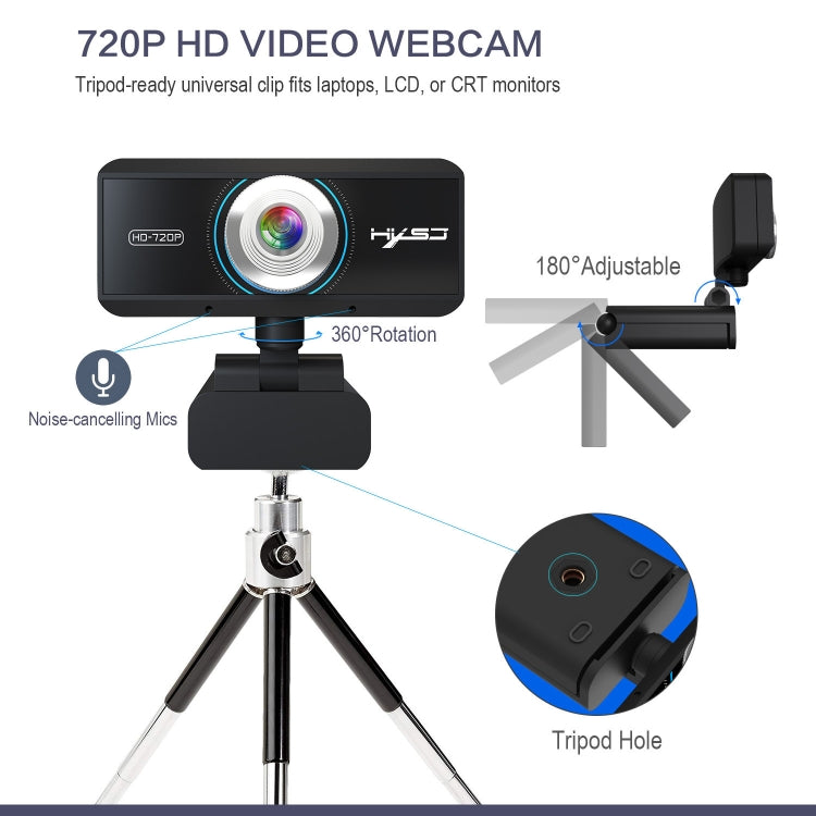 HXSJ S90 30fps 1 ล้านพิกเซล 720P HD เว็บแคมสำหรับเดสก์ท็อป / แล็ปท็อป / Android TV พร้อมไมโครโฟนดูดซับเสียง 8 ม. ความยาวสายเคเบิล: 1.5 ม., S90