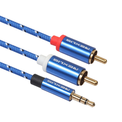 REXLIS 3610 ปลั๊กชุบทองขนาด 3.5 มม. จากชายถึงคู่ RCA ผ้าฝ้ายสีน้ำเงินถักสายสัญญาณเสียงสำหรับอินพุต RCA ของลำโพงที่ใช้งานอยู่ความยาว: 0.5 ม., Length: 0.5m