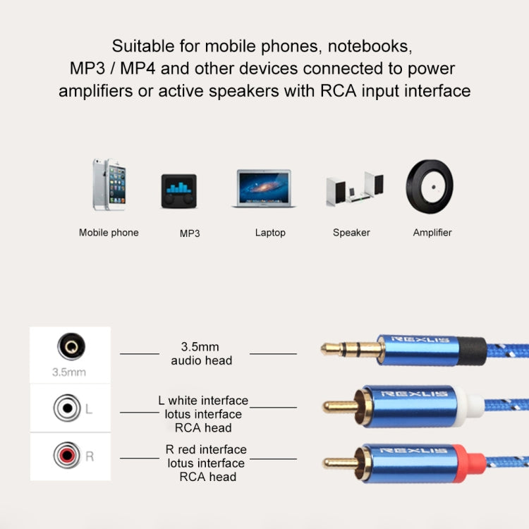 REXLIS 3610 3.5 มิลลิเมตรชายกับคู่ RCA ปลั๊กชุบทองผ้าฝ้ายสีฟ้าถักสายสัญญาณเสียงสำหรับอินพุต RCA อินเตอร์เฟซลำโพงที่ใช้งานความยาว: 3 เมตร, Length: 3m