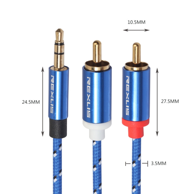 REXLIS 3610 3.5 มิลลิเมตรชายกับคู่ RCA ปลั๊กชุบทองผ้าฝ้ายสีฟ้าถักสายสัญญาณเสียงสำหรับอินพุต RCA อินเตอร์เฟซลำโพงที่ใช้งานความยาว: 10 เมตร, Length: 10m
