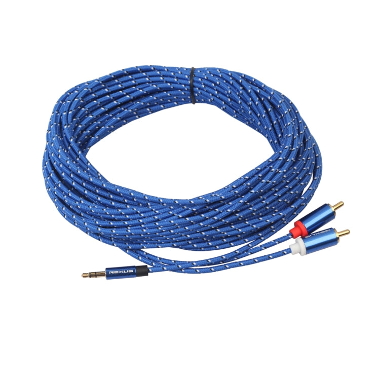 REXLIS 3610 3.5 มิลลิเมตรชายกับคู่ RCA ปลั๊กชุบทองผ้าฝ้ายสีฟ้าถักสายสัญญาณเสียงสำหรับอินพุต RCA อินเตอร์เฟซลำโพงที่ใช้งานความยาว: 10 เมตร, Length: 10m