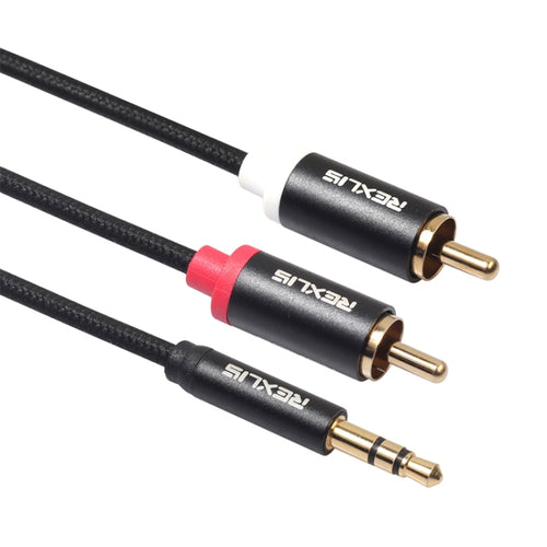 REXLIS 3635 3.5 มิลลิเมตรชายกับคู่อาร์ซีเอปลั๊กเคลือบทองสีดำผ้าฝ้ายถักสายสัญญาณเสียงสำหรับอินพุตอาร์ซีเออินเตอร์เฟซลำโพงที่ใช้งานความยาว: 1.8 เมตร, Length: 1.8m