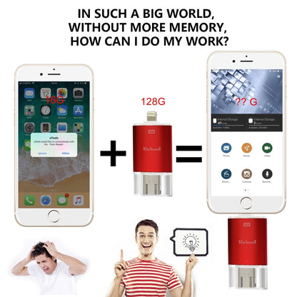 Richwell 3 in 1 128G Type-C 8 Pin USB 3.0 Metal Double Cover Push-pull Flash Disk พร้อมฟังก์ชัน OTG