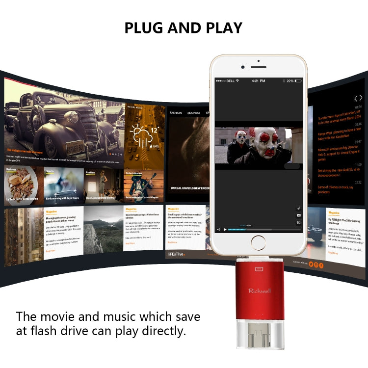 Richwell 3 in 1 32G Type-C 8 Pin USB 3.0 Metal Double Cover Push-pull Flash Disk พร้อมฟังก์ชัน OTG
