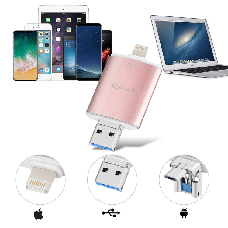 Richwell 3 in 1 16G Type-C 8 Pin USB 3.0 Metal Double Cover Push-pull Flash Disk พร้อมฟังก์ชัน OTG