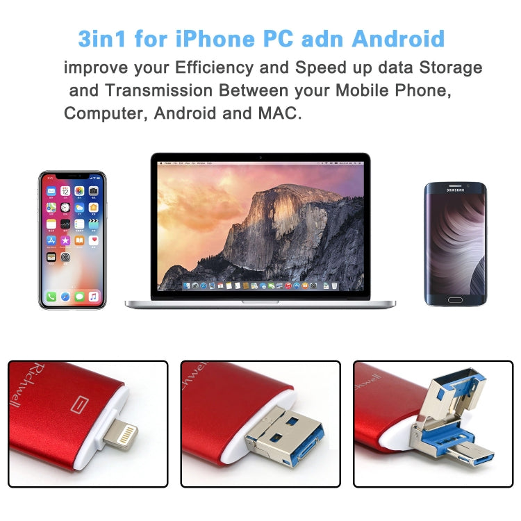Richwell 3 in 1 16G Type-C 8 Pin USB 3.0 Metal Double Cover Push-pull Flash Disk พร้อมฟังก์ชัน OTG