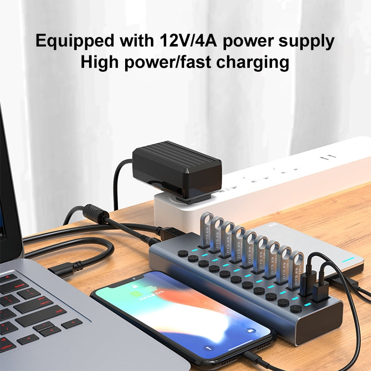 11 in 1 USB 3.0 HUB Splitter พร้อมสวิตช์อิสระและแหล่งจ่ายไฟ 12V 4A, 11 USB 3.0