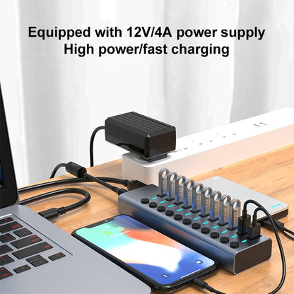 11 in 1 USB 3.0 HUB Splitter พร้อมสวิตช์อิสระและแหล่งจ่ายไฟ 12V 4A, 11 USB 3.0