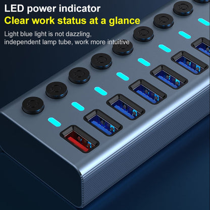 11 in 1 USB 3.0 HUB Splitter พร้อมสวิตช์อิสระและแหล่งจ่ายไฟ 12V 4A, 11 USB 3.0