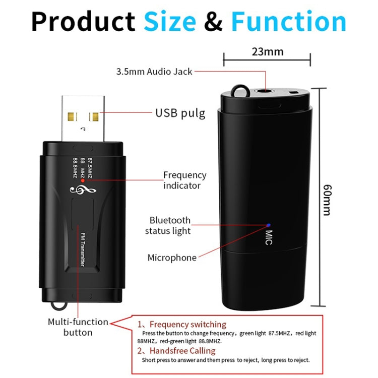 MSD128 2 ใน 1 USB รถบลูทูธแฮนด์ฟรีเครื่องส่งสัญญาณ FM พร้อมอินเทอร์เฟซ 3.5 มม.AUX, MSD128