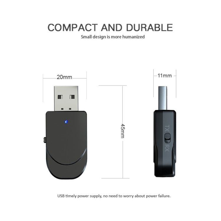 KN330 3 ใน 1 USB Bluetooth 5.0 อะแดปเตอร์เครื่องส่งสัญญาณพร้อมปุ่มสวิทช์และอินเทอร์เฟซ 3.5 มม.AUX, KN330