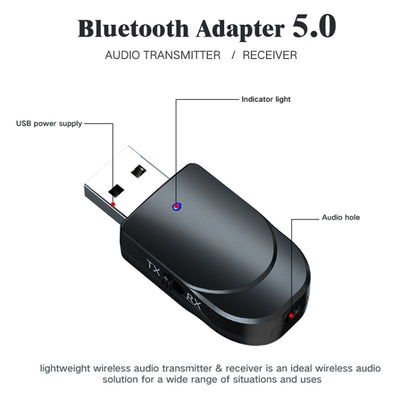 KN330 3 ใน 1 USB Bluetooth 5.0 อะแดปเตอร์เครื่องส่งสัญญาณพร้อมปุ่มสวิทช์และอินเทอร์เฟซ 3.5 มม.AUX, KN330