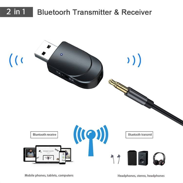 KN330 3 ใน 1 USB Bluetooth 5.0 อะแดปเตอร์เครื่องส่งสัญญาณพร้อมปุ่มสวิทช์และอินเทอร์เฟซ 3.5 มม.AUX, KN330