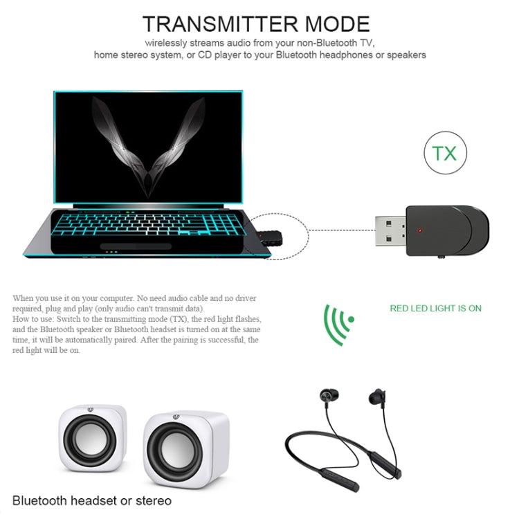 KN330 3 ใน 1 USB Bluetooth 5.0 อะแดปเตอร์เครื่องส่งสัญญาณพร้อมปุ่มสวิทช์และอินเทอร์เฟซ 3.5 มม.AUX, KN330