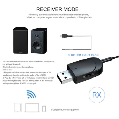 KN330 3 ใน 1 USB Bluetooth 5.0 อะแดปเตอร์เครื่องส่งสัญญาณพร้อมปุ่มสวิทช์และอินเทอร์เฟซ 3.5 มม.AUX, KN330