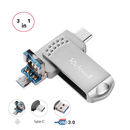 Richwell 3 in 1 32G Type-C + Micro USB + USB 3.0 แฟลชดิสก์โลหะพร้อมฟังก์ชัน OTG