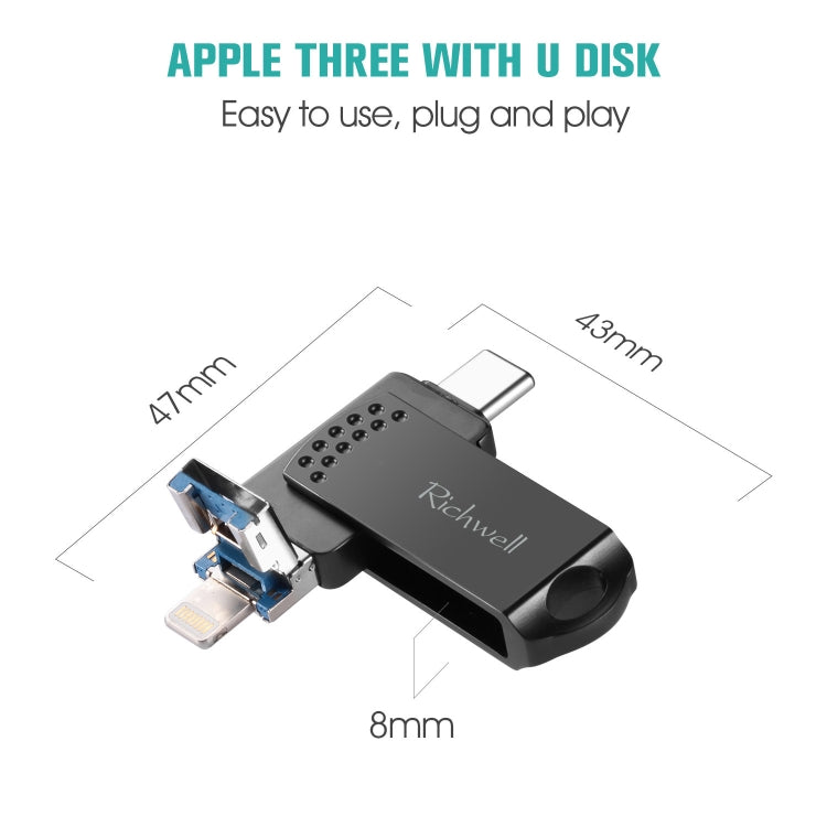 Richwell 32G Type-C + 8 Pin + USB 3.0 แฟลชดิสก์โลหะพร้อมฟังก์ชัน OTG