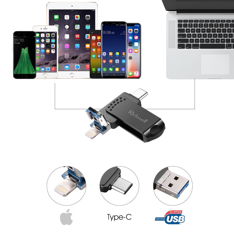 Richwell 32G Type-C + 8 Pin + USB 3.0 แฟลชดิสก์โลหะพร้อมฟังก์ชัน OTG