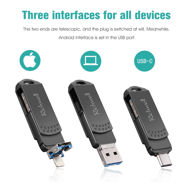 Richwell 128G Type-C + 8 Pin + USB 3.0 แฟลชดิสก์โลหะพร้อมฟังก์ชัน OTG