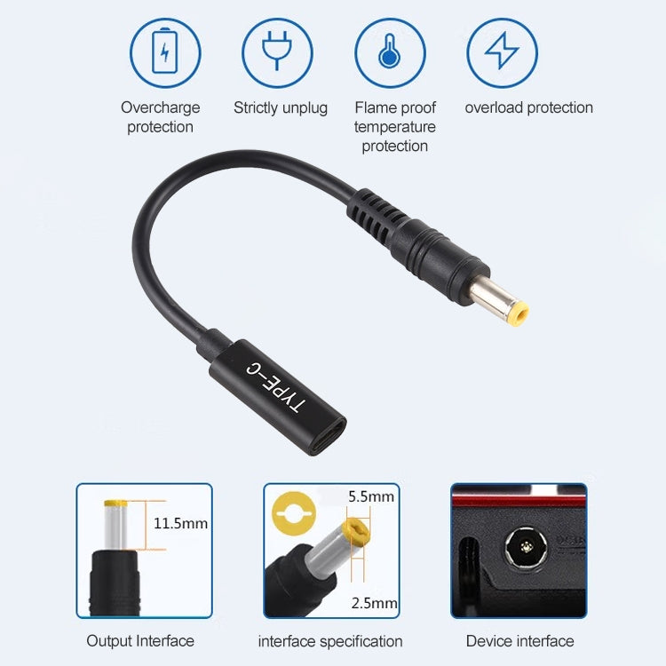 สายชาร์จอะแดปเตอร์แปลงไฟ DP USB-C / Type-C ถึง 5.5 x 2.5 มม, 5.5 x 2.5mm