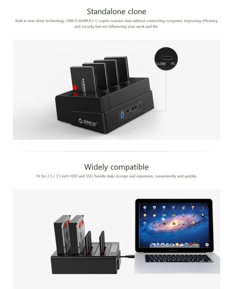 ORICO 6648US3-C-V1 4-bay USB 3.0 Type-B ไปยัง SATA ฮาร์ดดิสก์ภายนอกกล่องกล่องเก็บฮาร์ดดิสก์ Docking Station / Duplicator สำหรับ 2.5 นิ้ว / 3.5 นิ้ว SATA HDD / SSD, 4 Bays