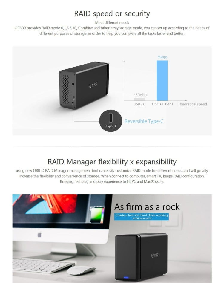ORICO NS200-C3 2-bay USB-C / Type-C 3.1 ไปยัง SATA ฮาร์ดดิสก์ภายนอกกล่องเก็บของ เคส แท่นวางฮาร์ดไดรฟ์สำหรับ 3.5 นิ้ว SATA HDD รองรับโปรโตคอล UASP, USB 3.1 Type-C to SATA