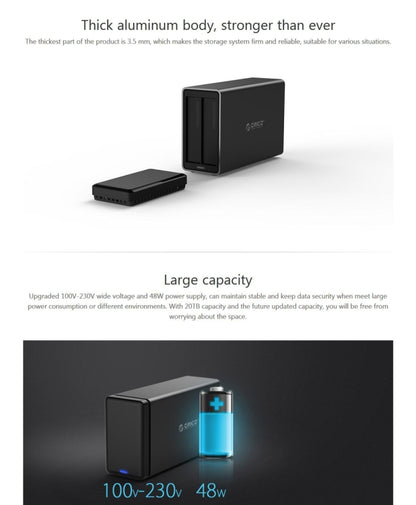 ORICO NS200-C3 2-bay USB-C / Type-C 3.1 ไปยัง SATA ฮาร์ดดิสก์ภายนอกกล่องเก็บของ เคส แท่นวางฮาร์ดไดรฟ์สำหรับ 3.5 นิ้ว SATA HDD รองรับโปรโตคอล UASP, USB 3.1 Type-C to SATA