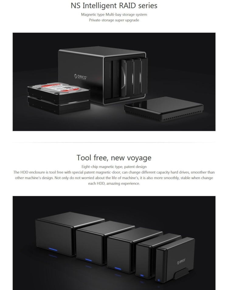 ORICO NS500-RU3 5-bay USB 3.0 Type-B ไปยัง SATA ฮาร์ดดิสก์ภายนอกกล่องเก็บของเคสฮาร์ดไดรฟ์ Dock พร้อม Raid สำหรับ 3.5 นิ้ว SATA HDD รองรับโปรโตคอล UASP, USB 3.0 Type-B to SATA with Raid