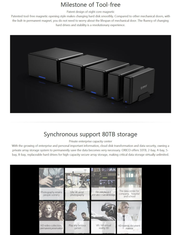 ORICO NS800-C3 8-bay USB-C / Type-C 3.1 ไปยัง SATA ฮาร์ดดิสก์ภายนอกกล่องเก็บของ เคส แท่นวางฮาร์ดไดรฟ์สำหรับ 3.5 นิ้ว SATA HDD รองรับโปรโตคอล UASP, USB 3.1 Type-C