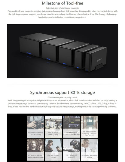 ORICO NS800-C3 8-bay USB-C / Type-C 3.1 ไปยัง SATA ฮาร์ดดิสก์ภายนอกกล่องเก็บของ เคส แท่นวางฮาร์ดไดรฟ์สำหรับ 3.5 นิ้ว SATA HDD รองรับโปรโตคอล UASP, USB 3.1 Type-C