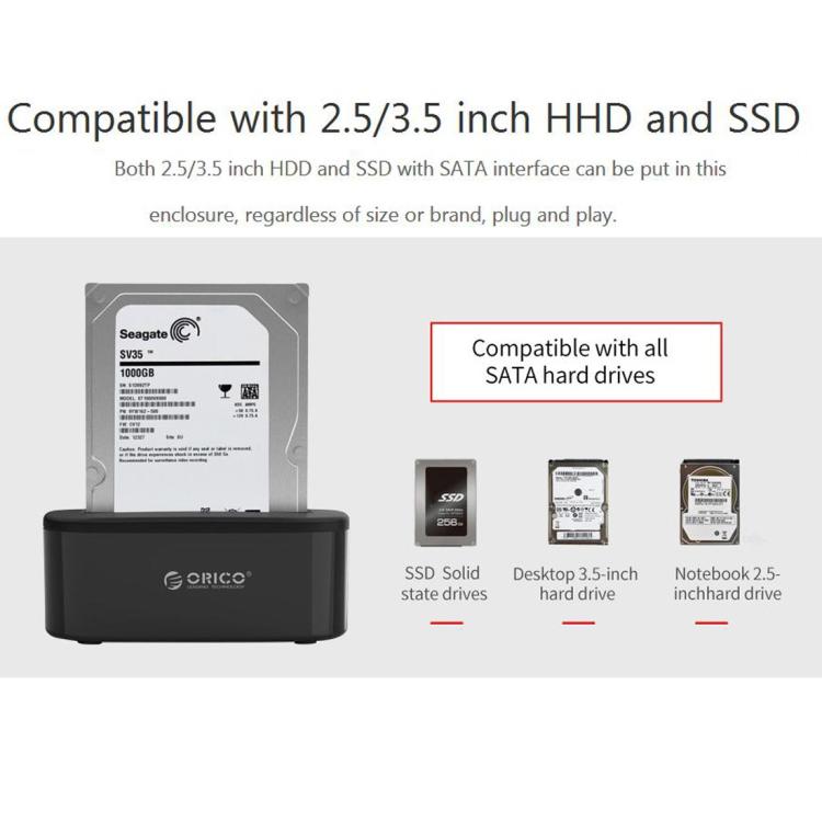 ORICO 6218US3 USB 3.0 Type-B ไปยัง SATA ที่จัดเก็บข้อมูลภายนอกแท่นวางฮาร์ดไดรฟ์สำหรับ 2.5 นิ้ว / 3.5 นิ้ว SATA HDD / SSD, 1 Bay