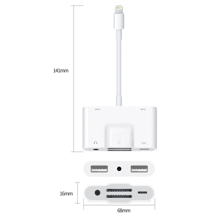 NK-1042 6 in 1 8 Pin Male to Dual USB + การ์ด SD คู่ + อินเทอร์เฟซเสียง 3.5 มม. + อินเทอร์เฟซการชาร์จ 8 พินอะแดปเตอร์กล้องพอร์ตหญิง