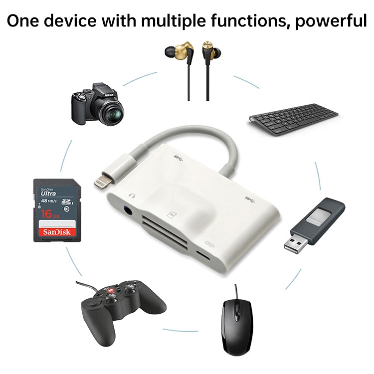 NK-1042 6 in 1 8 Pin Male to Dual USB + การ์ด SD คู่ + อินเทอร์เฟซเสียง 3.5 มม. + อินเทอร์เฟซการชาร์จ 8 พินอะแดปเตอร์กล้องพอร์ตหญิง