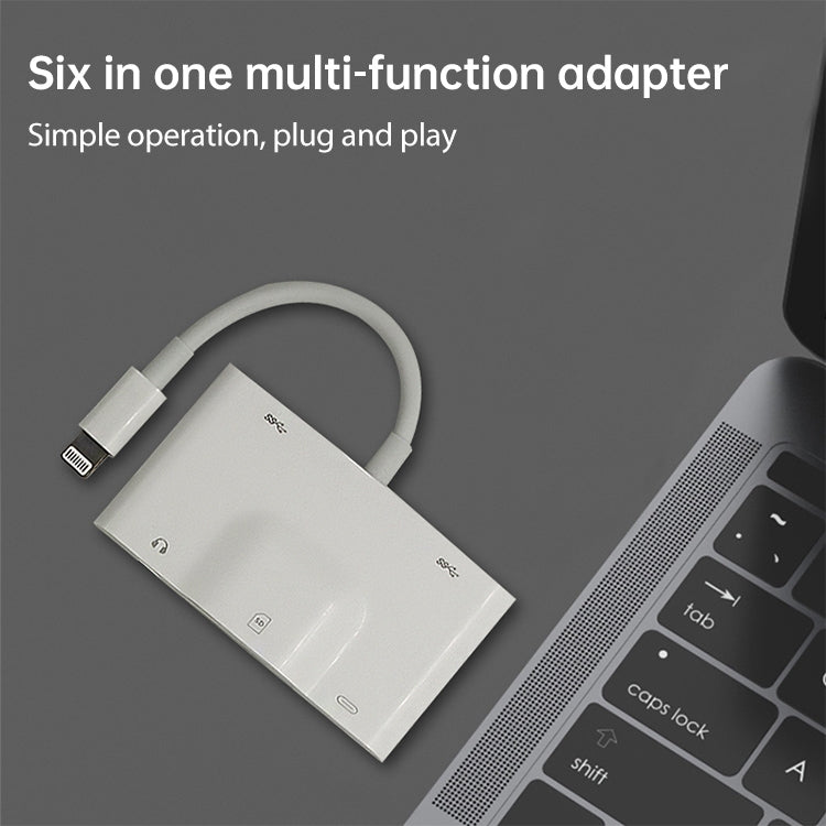 NK-1042 6 in 1 8 Pin Male to Dual USB + การ์ด SD คู่ + อินเทอร์เฟซเสียง 3.5 มม. + อินเทอร์เฟซการชาร์จ 8 พินอะแดปเตอร์กล้องพอร์ตหญิง