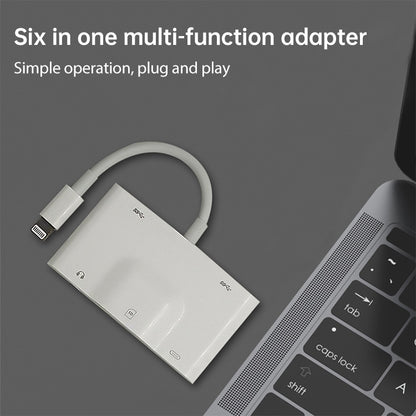 NK-1042 6 in 1 8 Pin Male to Dual USB + การ์ด SD คู่ + อินเทอร์เฟซเสียง 3.5 มม. + อินเทอร์เฟซการชาร์จ 8 พินอะแดปเตอร์กล้องพอร์ตหญิง